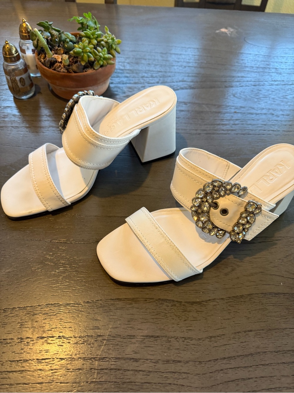 Karl Lagerfeld Paris Sylvia White leather rhinestone buckle mule heels size 9.5